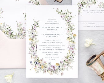 DAPHNE | Modern Floral Wedding Invitation Suite, Wildflower Wreath Wedding Invitations, Outdoor Wedding Invitation, Printed Wedding Invites