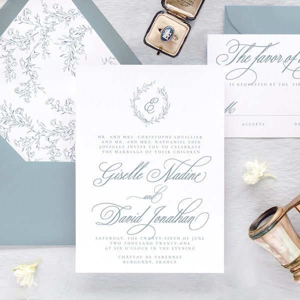 GISELLE | Dusty Blue Wedding Invitation, Minimalist Wedding Invitation Suite, Simple Wedding Invitation Set