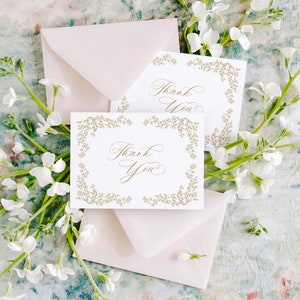 Gold Floral Thank You Cards, Bridal Shower Thank You Card, Baby Shower Thank You Cards, Wedding Thank You, Note Cards with Envelopes,