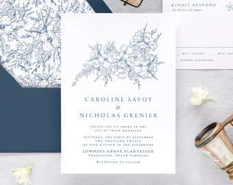 CAROLINE | Floral Wedding Invitation Set, Navy Wedding Invitations, Elegant Wedding Invitation Suite, Simple Wedding Invites