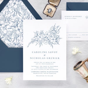 CAROLINE Floral Wedding Invitation Set, Navy Wedding Invitations, Elegant Wedding Invitation Suite, Simple Wedding Invites image 1