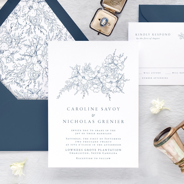 CAROLINE | Floral Wedding Invitation Set, Navy Wedding Invitations, Elegant Wedding Invitation Suite, Simple Wedding Invites