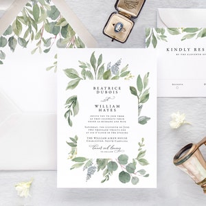 BEATRICE Eucalyptus Wedding Invitation, Watercolor Wedding Invitation, Greenery Wedding Invitation Printed, Green Wedding Invites image 1