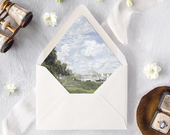 Fine Art Lined Envelopes for Wedding, Classic Painting Envelope Liner, Monet Wedding Envelopes, "Along the Riverbank"