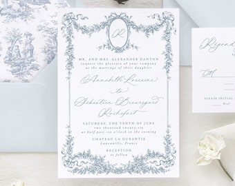 ANNABELLE | Romantic Floral Frame Wedding Invitation, Elegant French Wedding Invites, Dusty Blue Wedding Invitations, Toile Wedding Invite