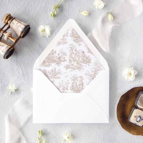 Blush Pink French Toile De Jouy Lined Envelopes, Antique Fine Art Wedding Invitation Envelopes, Elegant Envelope Liners, "Claudette Toile"