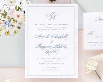 MARIELLE | Classic Wedding Invitation Set, Elegant Wedding Invitations, Printed Wedding Invite, Blue Wedding Invitation Cards with Monogram