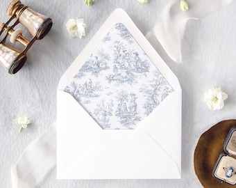 French Toile De Jouy Lined Envelopes, Antique Fine Art Wedding Invitation Envelopes, Elegant Dusty Blue Envelope Liners, "Annabelle Toile"