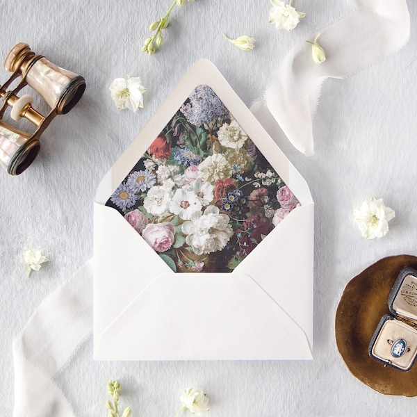 Vintage Floral Lined Envelopes for Wedding Invitations, Dutch Masters Envelope Liner, Fine Art Wedding Envelopes, "Bouquet with Lilacs"