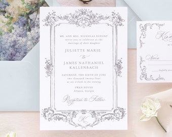 JULIETTE | Elegant Wedding Invitations with Frame, Purple Wedding Invitation, Luxury Wedding Invitation Set, Floral Wedding Invites