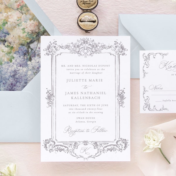 JULIETTE | Elegant Wedding Invitations with Frame, Purple Wedding Invitation, Luxury Wedding Invitation Set, Floral Wedding Invites