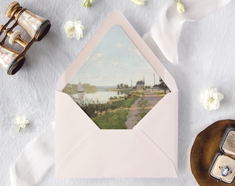 Monet Painting Lined Envelopes for Wedding Invitations, Vintage Artwork Envelope Liner, Fine Art Wedding Envelopes, "French River Road"