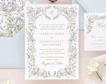 ISABELLE | Wildflower Wedding Invitation, Pink and Blue Floral Wedding Invitations, Floral Invitation Wedding, Romantic Wedding Invites