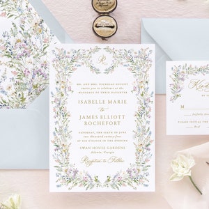 ISABELLE Wildflower Wedding Invitation, Pink and Blue Floral Wedding Invitations, Floral Invitation Wedding, Romantic Wedding Invites image 1