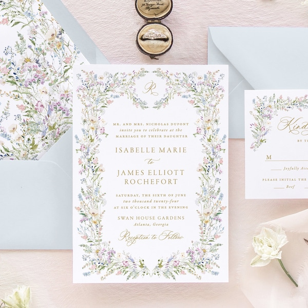 ISABELLE | Wildflower Wedding Invitation, Pink and Blue Floral Wedding Invitations, Floral Invitation Wedding, Romantic Wedding Invites