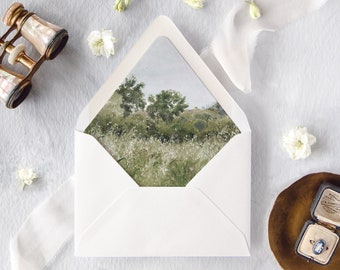 Enveloppes avec lignes beaux-arts pour mariage, doublure d'enveloppe forêt et champ, enveloppes de faire-part de mariage rustique, « The Oat Field »