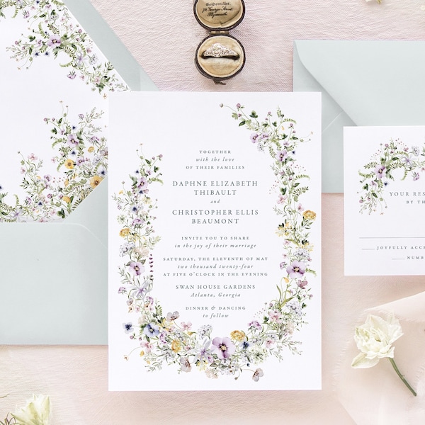 DAPHNE | Floral Wedding Invitation, Elegant Wedding Invitations, Watercolor Wedding Invitation Suite, Purple Wedding Invitation Set
