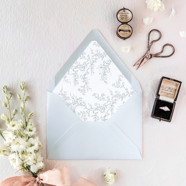 Dusty Blue Wedding Invitation Envelopes, Elegant Lined Envelopes, Floral Wedding Envelopes, Set of 10, "Giselle Floral"