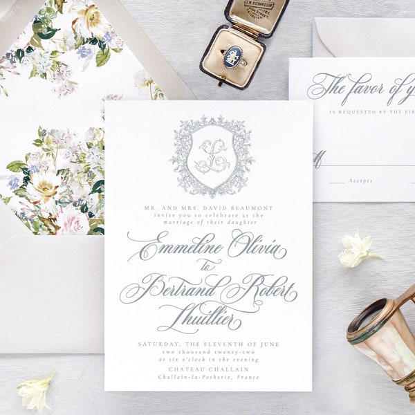 EMMELINE | Elegant Wedding Invitations, Floral Wedding Invitation Set, Classic Wedding Invitation
