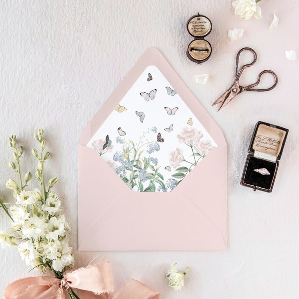 Butterfly Envelope Liners, Modern Wedding Invitation Envelopes, Floral Wedding Envelopes, Set of 10, "Butterfly Garden"