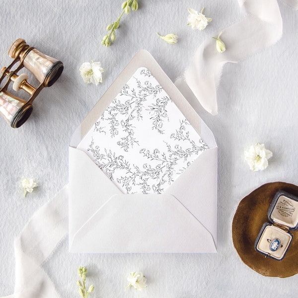 Minimalist Wedding Invitation Envelopes, Modern Greenery Envelope Liners, Floral Wedding Envelopes, Set of 10, "Eleonore Floral"