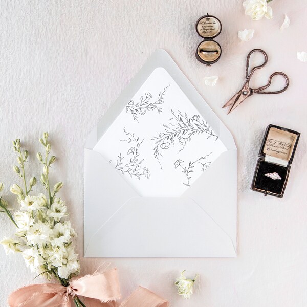 Minimalist Wedding Invitation Envelopes, Lined Envelopes for Fall Wedding Invitations, Floral Envelope Liners, Set of 10, "Cosette Floral"