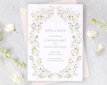 EVELYN | Floral Wreath Save the Date Cards, Modern Save the Dates, Wildflower Wedding Save the Date, Printed Save the Date Wedding