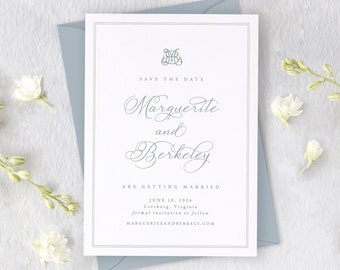 MARGUERITE | Sage Green Save the Date with Monogram, Elegant Wedding Save the Date Cards, Traditional Save the Dates, Printed Save the Date