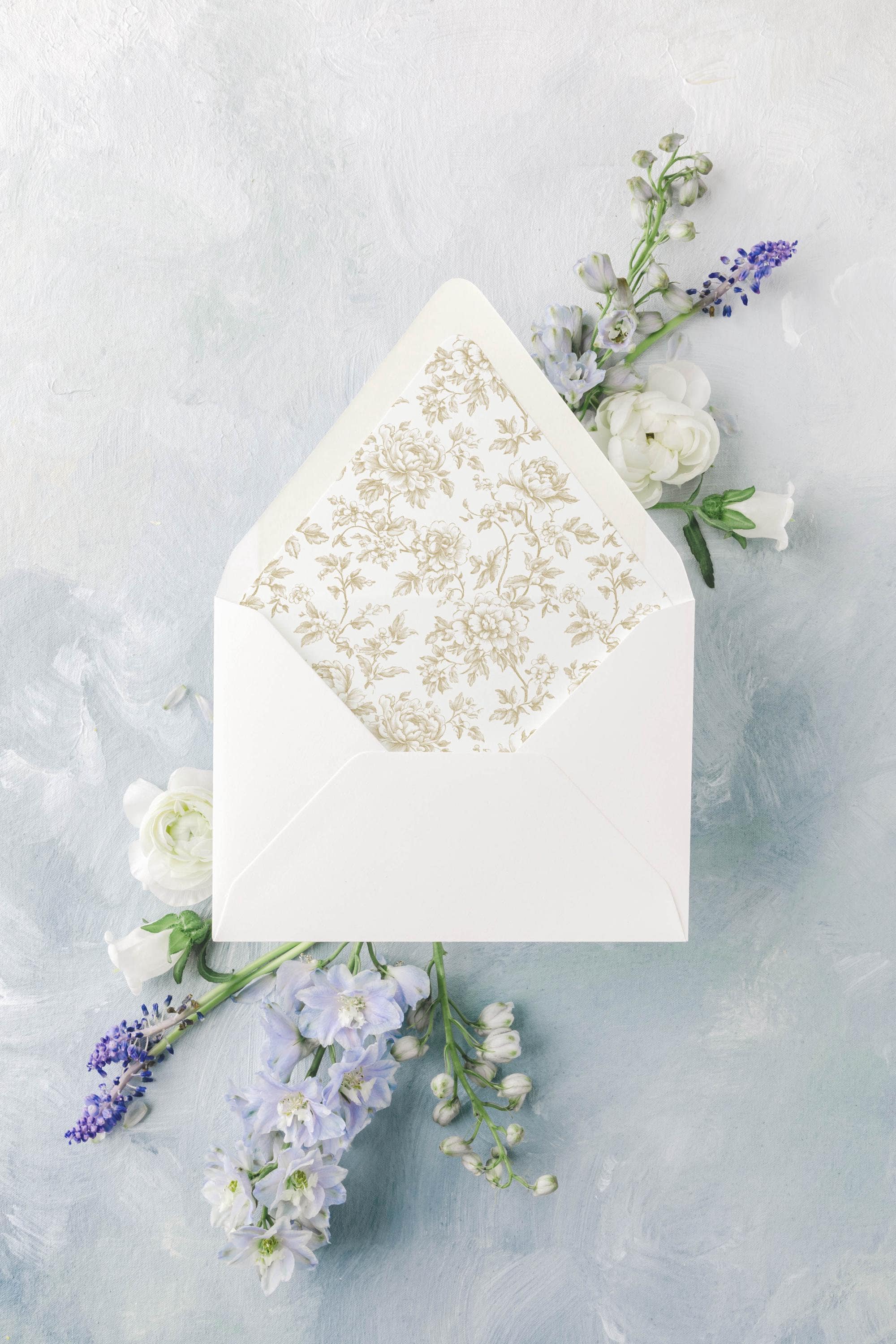 Gold Floral Wedding Invitation Envelope Liner, Classic Lined Envelopes for Wedding Invitations, Rococo Wedding Envelope, "The Gilded Bloom"