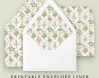 May include: White envelopes with floral patterned liners. The liners feature pink and blue flowers with green leaves on a gold trellis design. The text "PRINTABLE ENVELOPE LINER" and "• 10 SIZES INCLUDED •" are printed below the envelopes.