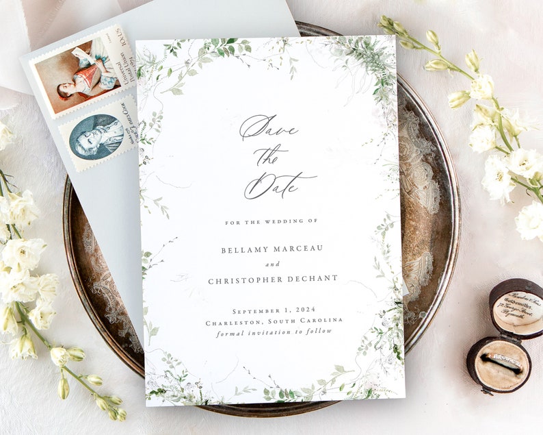 BELLAMY Greenery Wedding Save the Date, Modern Save the Dates, Fall Wedding Papeterie, Spring Save the Date Cards, Digital Download image 1