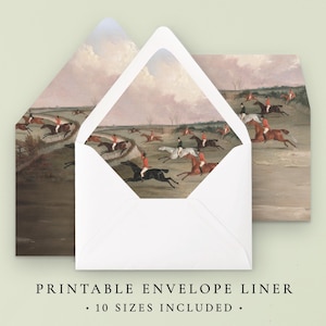 May include: Printable envelope liner featuring a vintage illustration of a horse race. The liner is white with a diamond-shaped opening. The illustration depicts riders in red jackets and white breeches on horses clearing a fence. The text "Printable Envelope Liner" and "10 Sizes Included" is printed below the image.