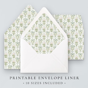 May include: White envelope with a floral patterned liner. The liner features a repeating design of green, blue, and pink flowers on a white background. The text "PRINTABLE ENVELOPE LINER" and "• 10 SIZES INCLUDED •" are printed below the envelopes.