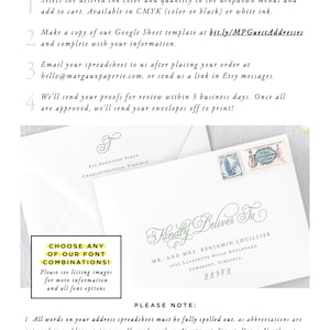 The image is a wedding invitation card with instructions for adding a guest addressing.