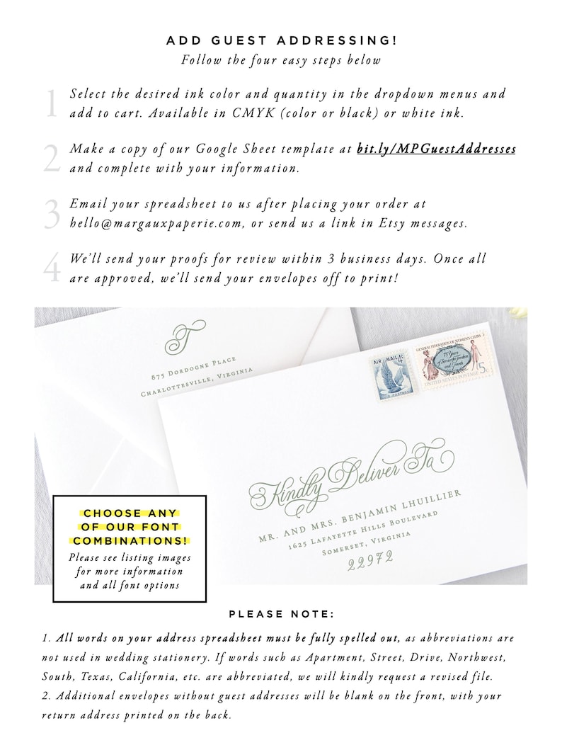 The image is a wedding invitation card with instructions for adding a guest addressing.