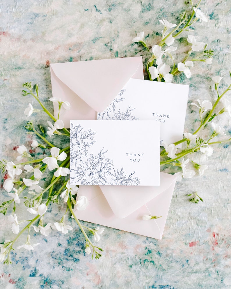 Floral Wedding Shower Thank You Cards, Thank You Cards Wedding, Navy Wedding Thank You Cards, Set of 10 image 2