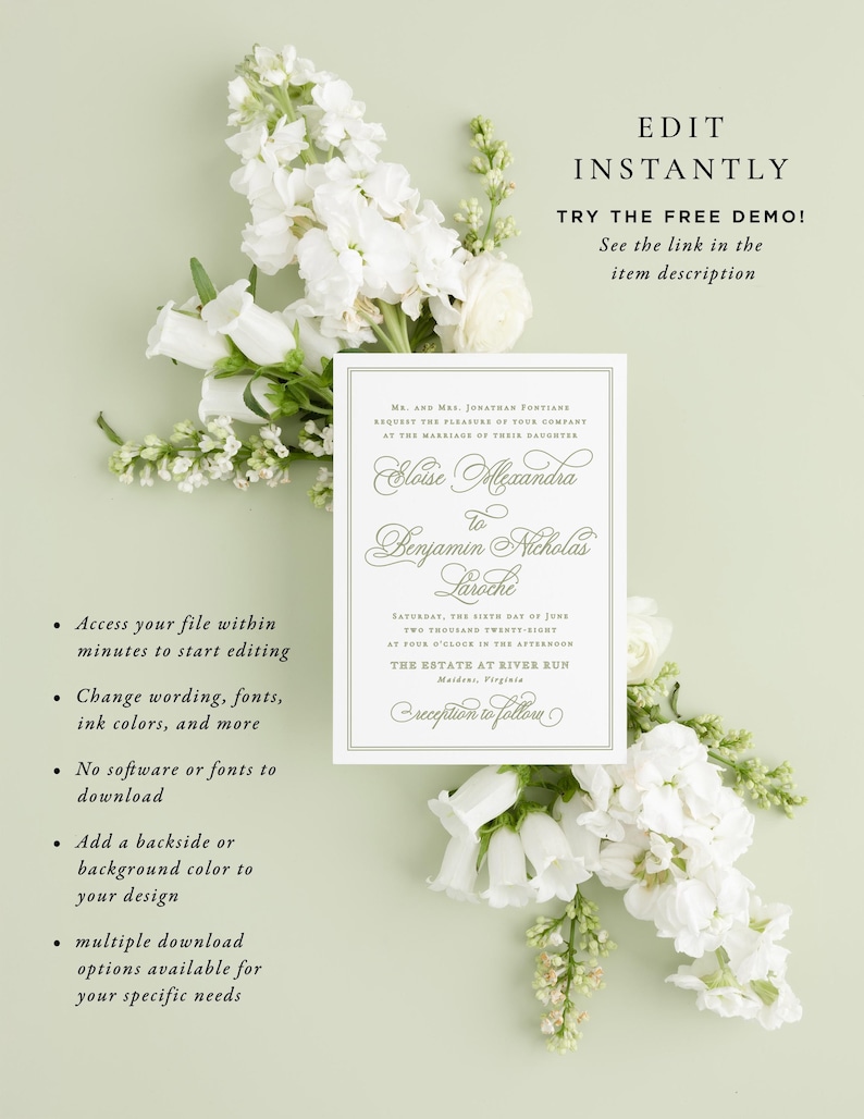 Sage Green Wedding Invitation Templates, Classic Wedding Invitations Instant Download, Regency Style Wedding Invite Printable MPD1005 image 6