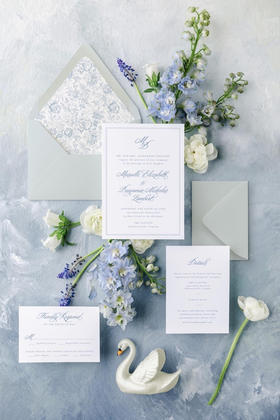 Classic Wedding Invitation Set, Elegant Wedding Invitations, Blue Wedding Invitation Cards with Monogram | MARIELLE