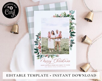 Holiday Greenery Christmas Card Template, Printable Christmas Cards, Digital Download Christmas Card, Editable Holiday Cards, Corjl #L5AL