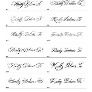 a collection of various font options for the word "Kindly Deliver To", including different styles and variations of the word.