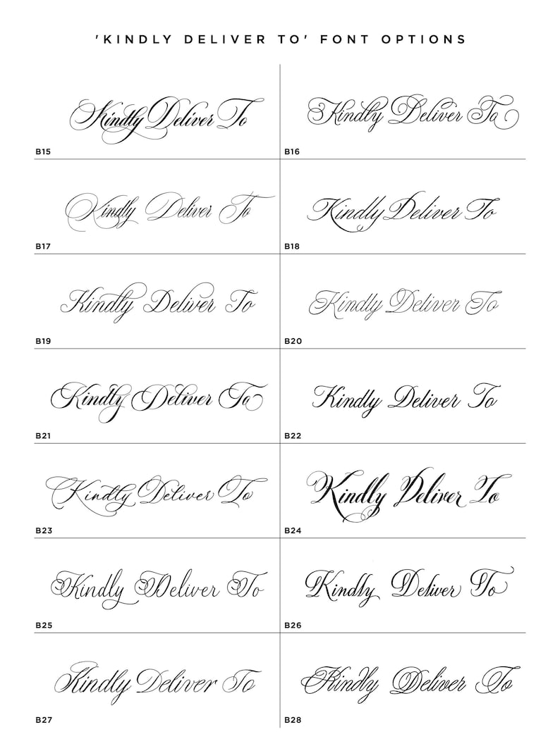 a collection of various font options for the word "Kindly Deliver To", including different styles and variations of the word.