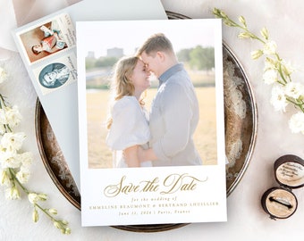 EMMELINE | Printed Save the Dates with Picture, Classic Wedding Save the Date Cards, Save the Date with Photo, Elegant Wedding Stationery