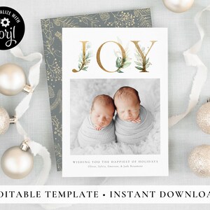 Joy Christmas Card Template, Gold and Greenery Christmas Card, Printable Christmas Cards Digital Download, Holiday Cards, Corjl #8OCFD