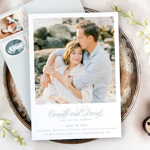 CAMILLE | Modern Save the Date with Picture, Classic Wedding Save the Dates, Dusty Blue Wedding Save the Date Cards, Printed Save the Dates