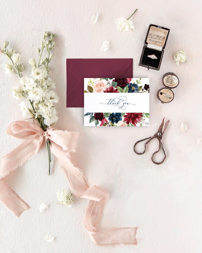 Rustic Wedding Shower Thank You Cards Burgundy and Navy Etsy