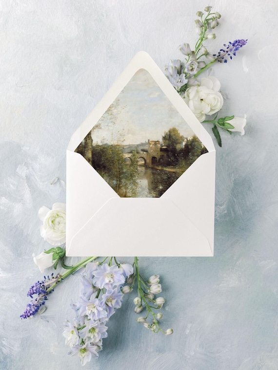 Dusty Blue Wedding Invitation Envelopes, Elegant Wedding Envelope, Envelope Liners, Set of 10, "Seine at Limay"