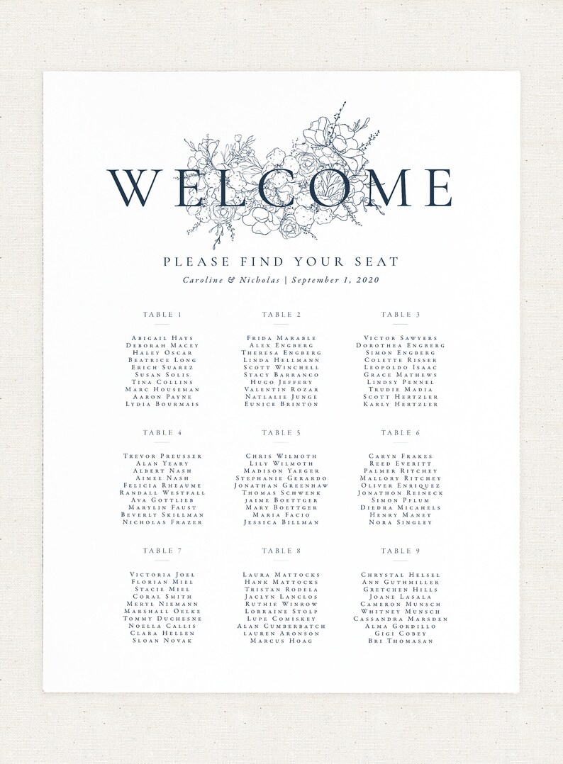 Floral Wedding Seating Chart Poster Navy Wedding Seating Etsy