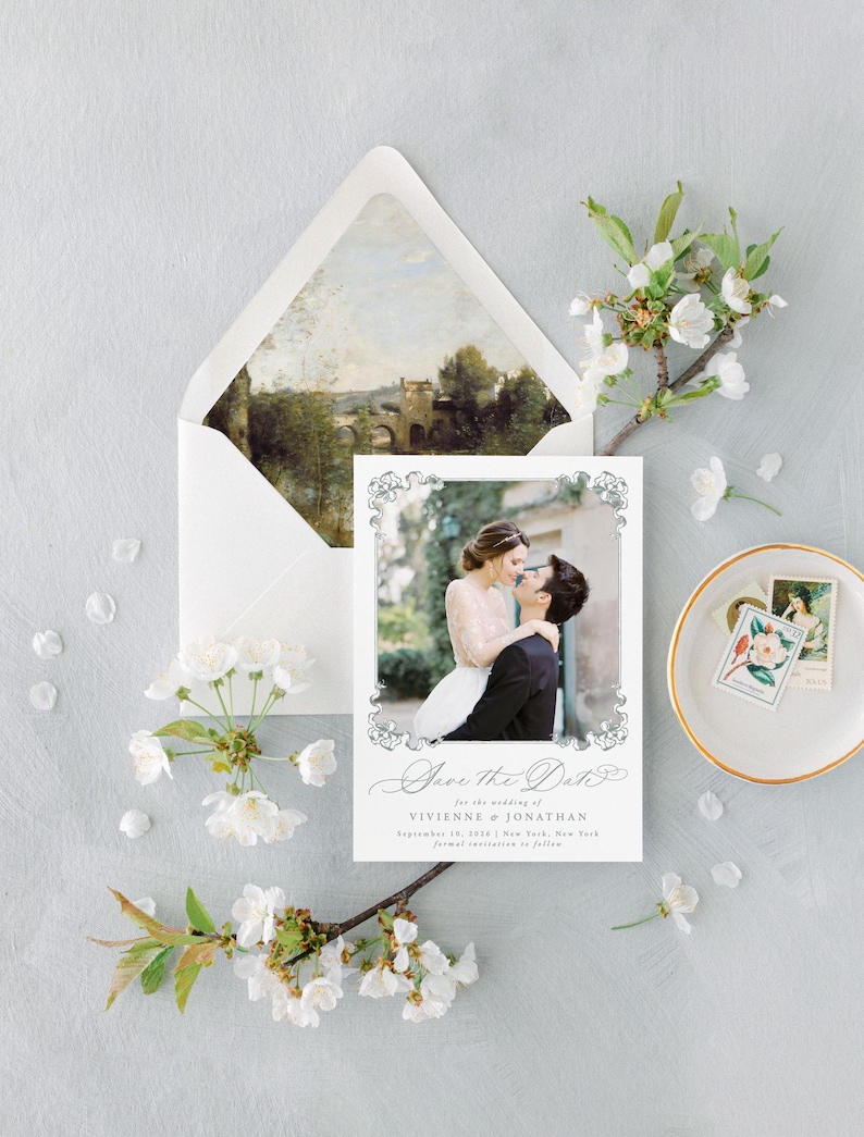 Dusty Blue Wedding Invitation Envelopes, Elegant Wedding Envelope, Envelope Liners, Set of 10, "Seine at Limay" image 8
