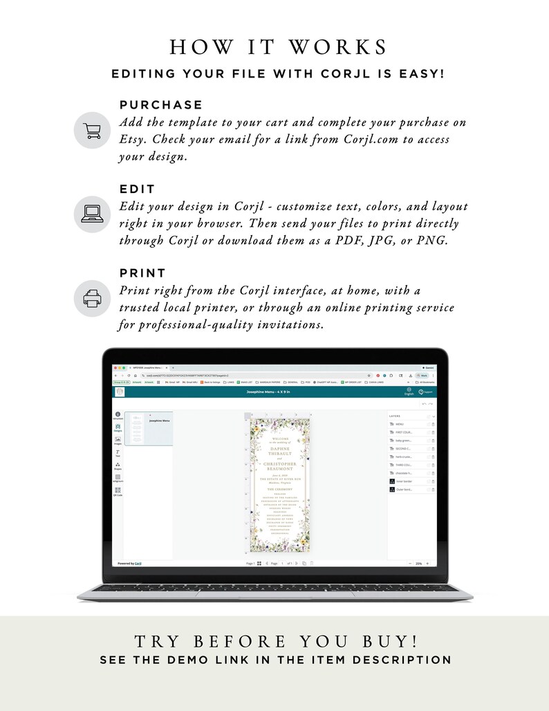 The image is a laptop screen displaying a file editing interface for a file named "HOW IT WORKS" that allows users to edit their file with Corjl, a free and open-source word processing software.