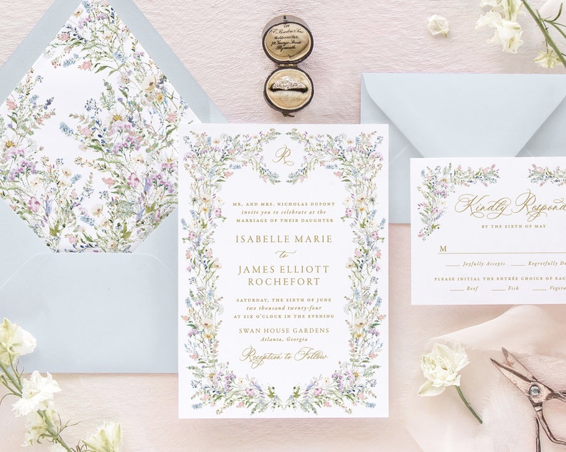 ISABELLE Wildflower Wedding Invitation, Pink and Blue Floral Wedding Invitations, Floral Invitation Wedding, Romantic Wedding Invites 画像 1